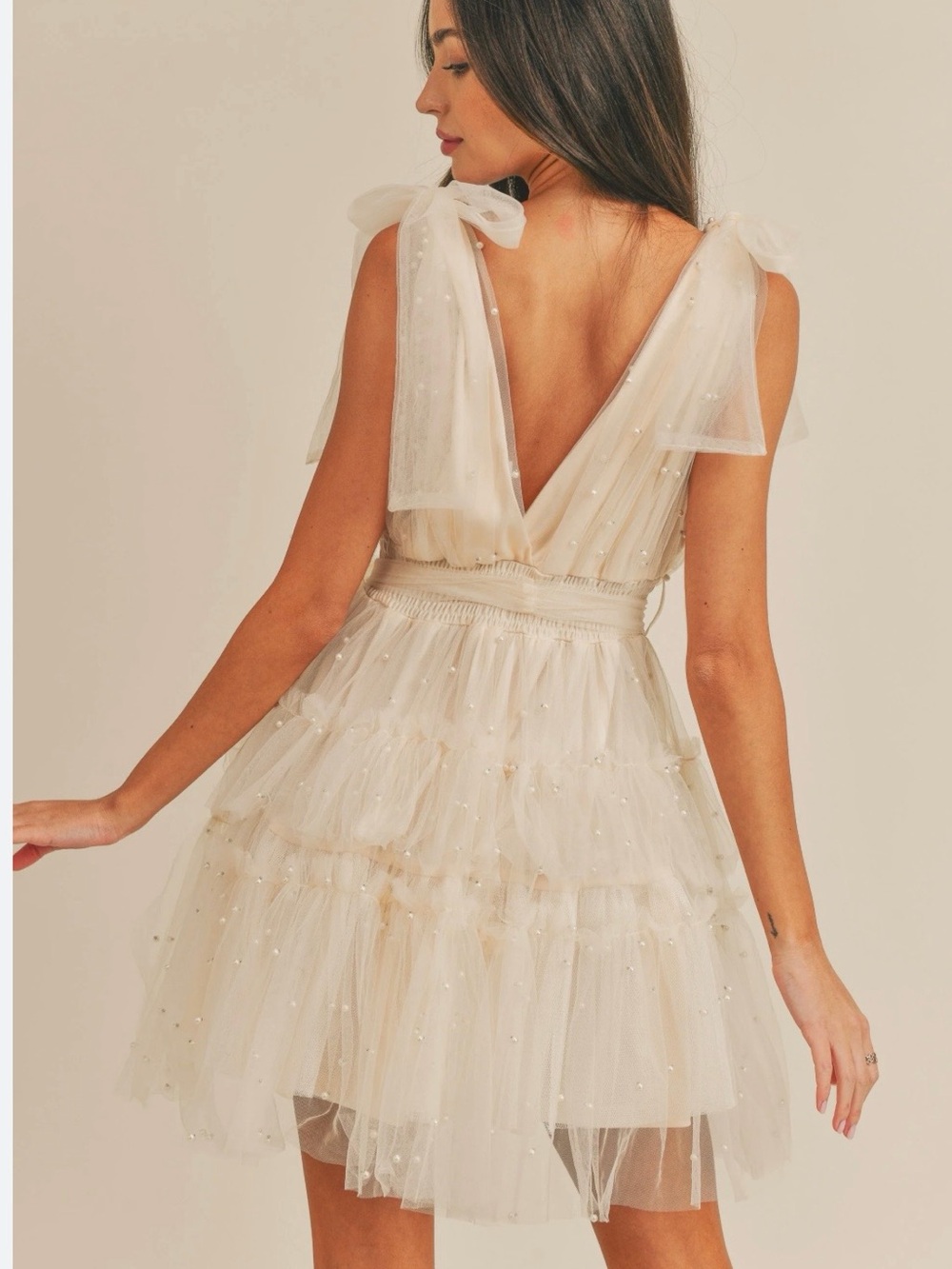 Mable Pearl Embellished Tulle Bow Shoulder Mini Dress Size M